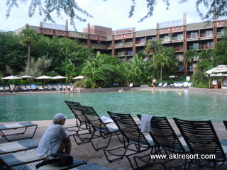 Pool seating and view of AKL